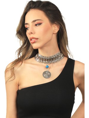 Labalaba Kadın Antik Gümüş Kaplama Turkuaz Doğal Taş Detaylı Illüzyon Model Choker