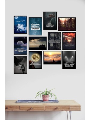 Trend Poster 12'li Siyah Çerçerve Görünümlü Duvar Tablosu Retro Ahşap Poster