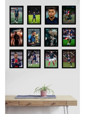 Trend Poster Mbappé Set Siyah Çerçerve Görünümlü Duvar Tablosu Retro Ahşap Poster