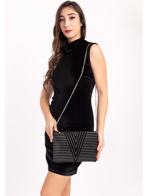 Gondol Kadın Taş Işlemeli  Zincir Askılı  Şık Çanta ALD.210 - Siyah Taşlı