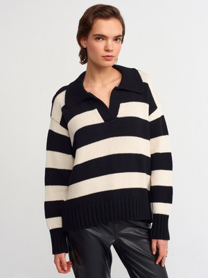 Dilvin 10195 Polo Yaka Çizgili Kazak-Siyah10