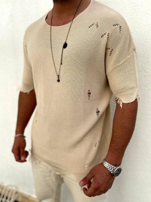 Elku Moda Yırtık Detaylı Tişört Lazer Kesim Tshirt