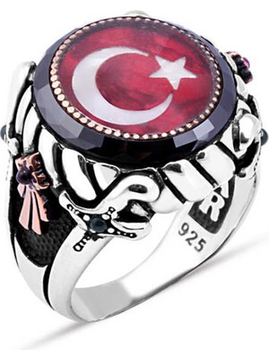 Amberkan Ortası Mineli Türk Bayrağı Kenarı Çember Taşlı Erkek Yüzük
