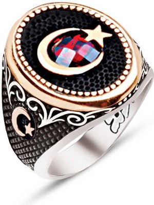 Amberkan Gümüş Türk Bayrağı Ay Yıldız Temalı Zirkon Taşlı Yüzük
