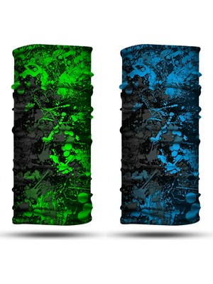 Dair Aksesuar Yeşil Turkuaz Boya Desenli 2'li Set Boyunluk Bandana Outdoor Balaklava Yüz Maskesi Kafa Bandı