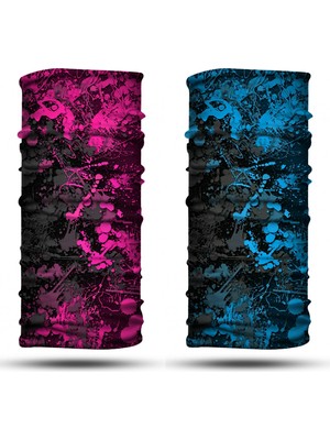 Dair Aksesuar Pembe Turkuaz Boya Desenli 2'li Set Boyunluk Bandana Outdoor Balaklava Yüz Maskesi Kafa Bandı
