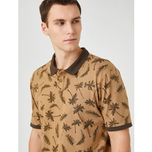 Polo Yaka Tişört Palmiye Baskılı Kısa Kollu Dar Kesim