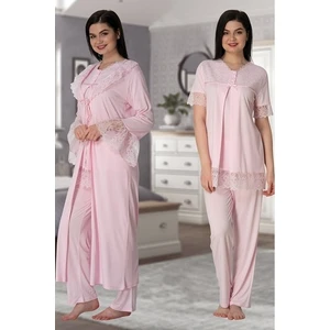 Effortt 5044 Pembe Kolları Güpürlü Sabahlıklı Lohusa Pijama Takımı
