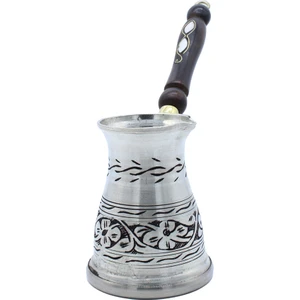 Çiçek El Işlemeli Uzun Bakır Cezve Indüksiyon Ocak Uyumlu Antik Gümüş Küçük Boy