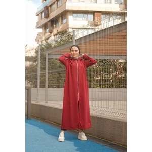 Burcu Tesettür Önden Fermarlı Kapşonlu Spor Ferace BTS0008 Bordo