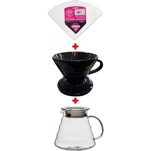 V60 No: 2 Porselen Dripper Siyah + Cam Kahve Servis Potu 600 mm + Hario V60 No: 2 Filtre Kağıdı 100'LÜ Paket
