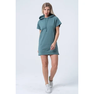 Yeşil Uzun Sweatshirt Elbise Tunik Kısa Kollu Kanguru Cepli