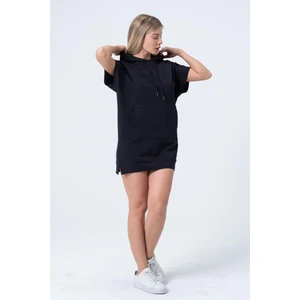 Lacivert Uzun Sweatshirt Elbise Tunik Kısa Kollu Kanguru Cepli