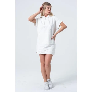 Ekru Uzun Sweatshirt Elbise Tunik Kısa Kollu Kanguru Cepli