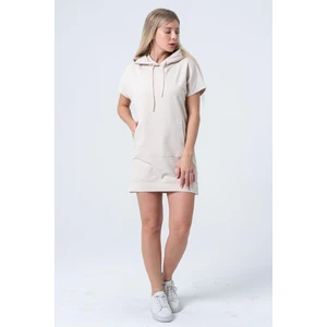 Bej Uzun Sweatshirt Elbise Tunik Kısa Kollu Kanguru Cepli