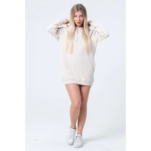 Bej Uzun Sweatshirt Elbise Tunik Uzun Kollu Yandan Cepli
