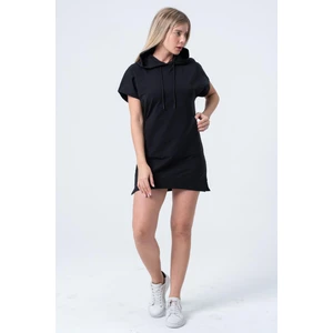 Siyah Uzun Sweatshirt Elbise Tunik Kısa Kollu Kanguru Cepli