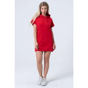 Kırmızı Uzun Sweatshirt Elbise Tunik Kısa Kollu Kanguru Cepli