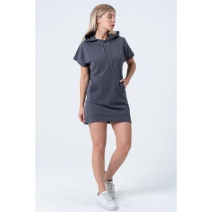 Füme Uzun Sweatshirt Elbise Tunik Kısa Kollu Kanguru Cepli