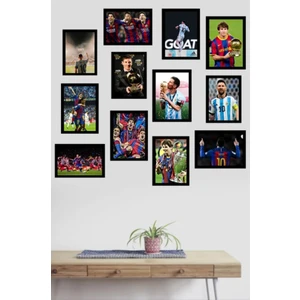 Trend Poster Messi Set Siyah Çerçerve Görünümlü Duvar Tablosu Retro Ahşap Poster