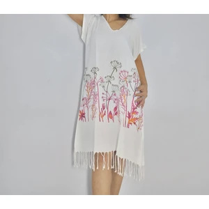 Nevin Acar Kırmızı Hindiba Desenli Bambu Peştemal Plaj Elbise Yarım Kollu V Yaka