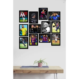 Trend Poster Neymar Set Siyah Çerçerve Görünümlü Duvar Tablosu Retro Ahşap Poster