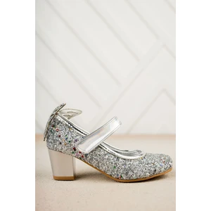 Topuklu Arkası Kelebekli Gümüş Taşlı Ayakkabı