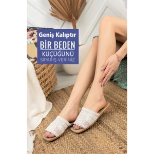 Moda Fırsat Kadın Beyaz Dantel Detaylı Rahat Terlik Yeni Sezon Örgülü Nakışlı Şık Yazlık Terlik Dış Mekan ve Ev Terliği