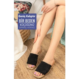 Moda Fırsat Kadın Siyah Dantel Detaylı Rahat Terlik Yeni Sezon Örgülü Nakışlı Şık Yazlık Terlik Dış Mekan ve Ev Terliği