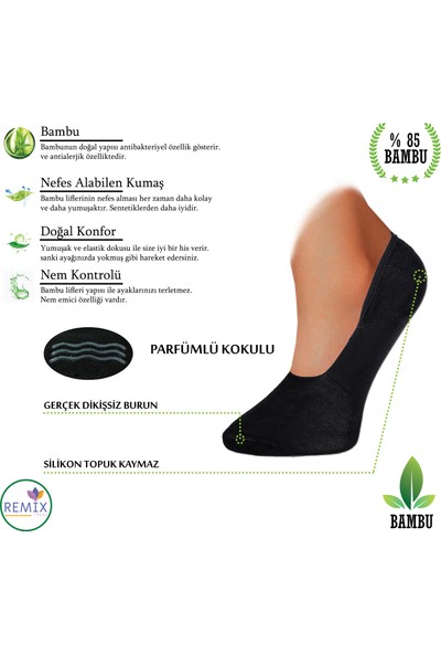 Remix Kadın 12'li Paket Bambu Dikişsiz Babet Parfümlü Silikonlu Kaymaz Çorap