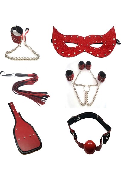 Bonie Fantazi Boyun Tasması El Ayak Kelepçe Kırbaç Şaplak Ağız Topu Göz Maskesi + Erotik Masaj Yağı(Red Fantasy Neck Collars Hand Foot Handcuffs Whip Spanking Mouth Ball Eye Mask + Erotik Massage Oil)
