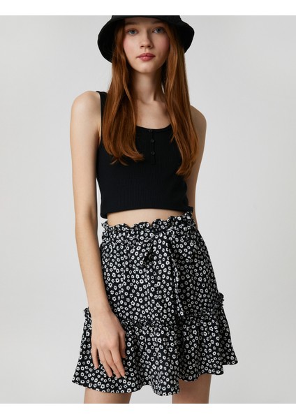 Çiçekli Etek Mini Fırfırlı Beli Kuşaklı Rahat Kesim fiyatları