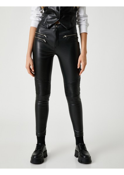 Deri Görünümlü Tayt Fermuar Detaylı Nervürlü modelleri