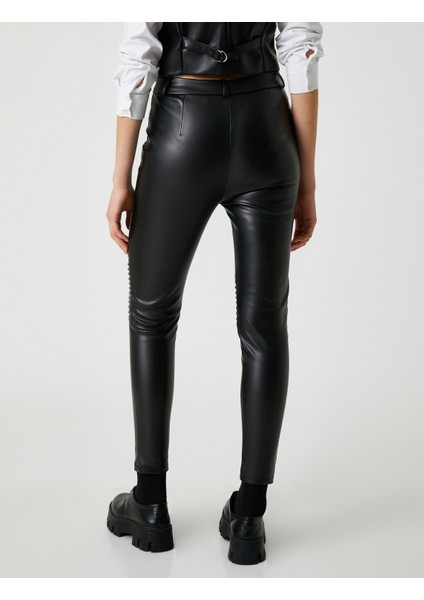 Deri Görünümlü Tayt Fermuar Detaylı Nervürlü fırsatları