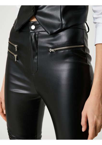 Deri Görünümlü Tayt Fermuar Detaylı Nervürlü indirimleri