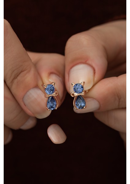 925 Ayar Tanzanit Taşlı Kedi Küpe Kadın Gümüş Küpe