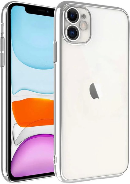 Apple iPhone 11 Kılıf Sert Pc Renkli Çerçeveli Riksos Silikon Kapak Gümüş Telefon Kılıfı