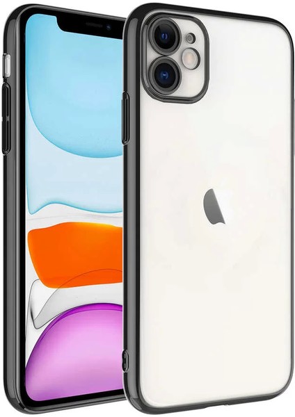 Apple iPhone 11 Kılıf Sert Pc Renkli Çerçeveli Riksos Silikon Kapak Siyah Telefon Kılıfı