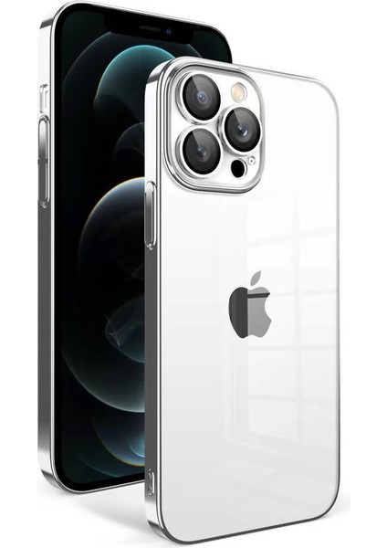 Apple iPhone 12 Pro Max Kılıf Kamera Korumalı Renkli Çerçeveli Garaj Kapak Gümüş Telefon Kılıfı