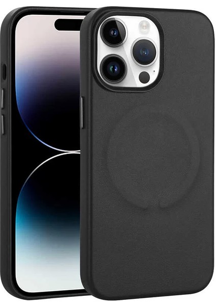 Apple iPhone 14 Pro Max Kılıf Pu Deri Magsafe Wireless Şarj Özellikli Derix Kapak Siyah Telefon Kılıfı