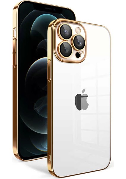 Apple iPhone 12 Pro Max Kılıf Kamera Korumalı Renkli Çerçeveli Garaj Kapak Gold Telefon Kılıfı