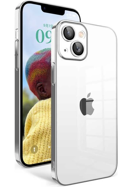 Apple iPhone 14 Kılıf Kamera Korumalı Renkli Çerçeveli Garaj Kapak Gümüş Telefon Kılıfı