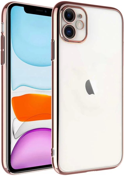 Apple iPhone 11 Kılıf Sert Pc Renkli Çerçeveli Riksos Silikon Kapak Rose Gold Telefon Kılıfı