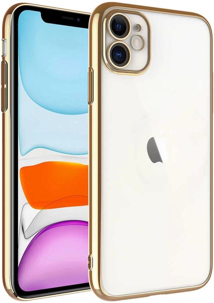 Apple iPhone 11 Kılıf Sert Pc Renkli Çerçeveli Riksos Silikon Kapak Gold Telefon Kılıfı