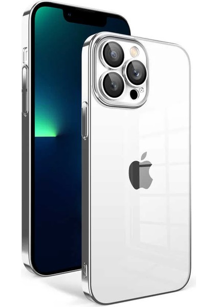 Apple iPhone 13 Pro Max Kılıf Kamera Korumalı Renkli Çerçeveli Garaj Kapak Gümüş Telefon Kılıfı