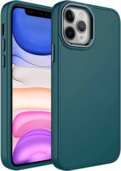 Apple iPhone 12 Pro Max Kılıf Metal Çerçeve ve Buton Tasarımlı Silikon Luna Kapak Koyu Yeşil Telefon Kılıfı