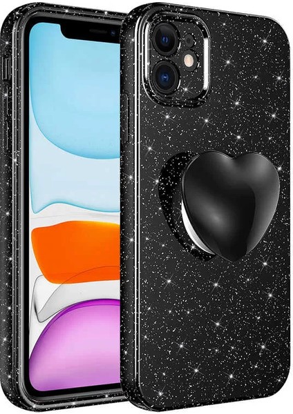 Apple iPhone 11 Kılıf Kamera Korumalı Simli Pop Soketli Lüks Koton Soketli Kapak Siyah Telefon Kılıfı