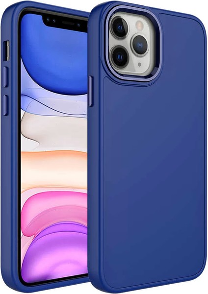 Apple iPhone 12 Pro Max Kılıf Metal Çerçeve ve Buton Tasarımlı Silikon Luna Kapak Lacivert Telefon Kılıfı