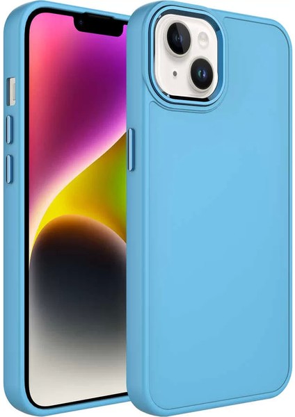 Apple iPhone 13 Kılıf Metal Çerçeve ve Buton Tasarımlı Silikon Luna Kapak Sierra Mavi Telefon Kılıfı