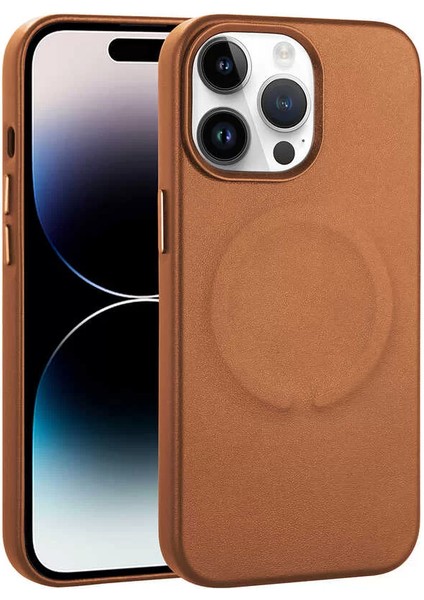 Apple iPhone 14 Pro Max Kılıf Pu Deri Magsafe Wireless Şarj Özellikli Derix Kapak Kahverengi Telefon Kılıfı